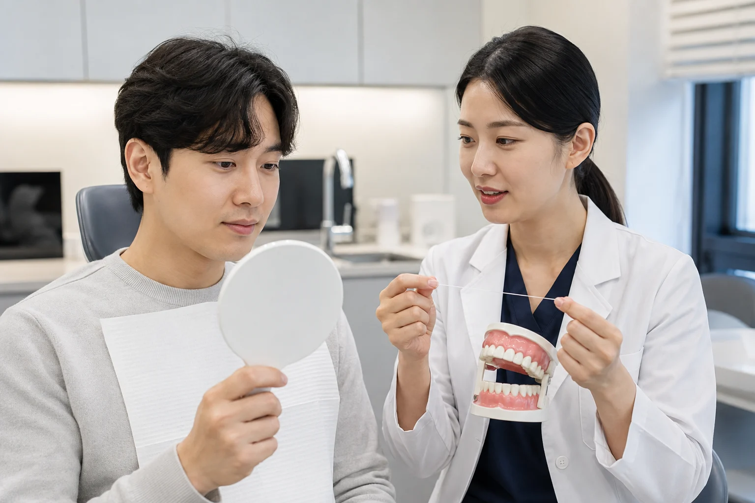 크라운 치료 후 음식물 끼임을 확인하는 모습