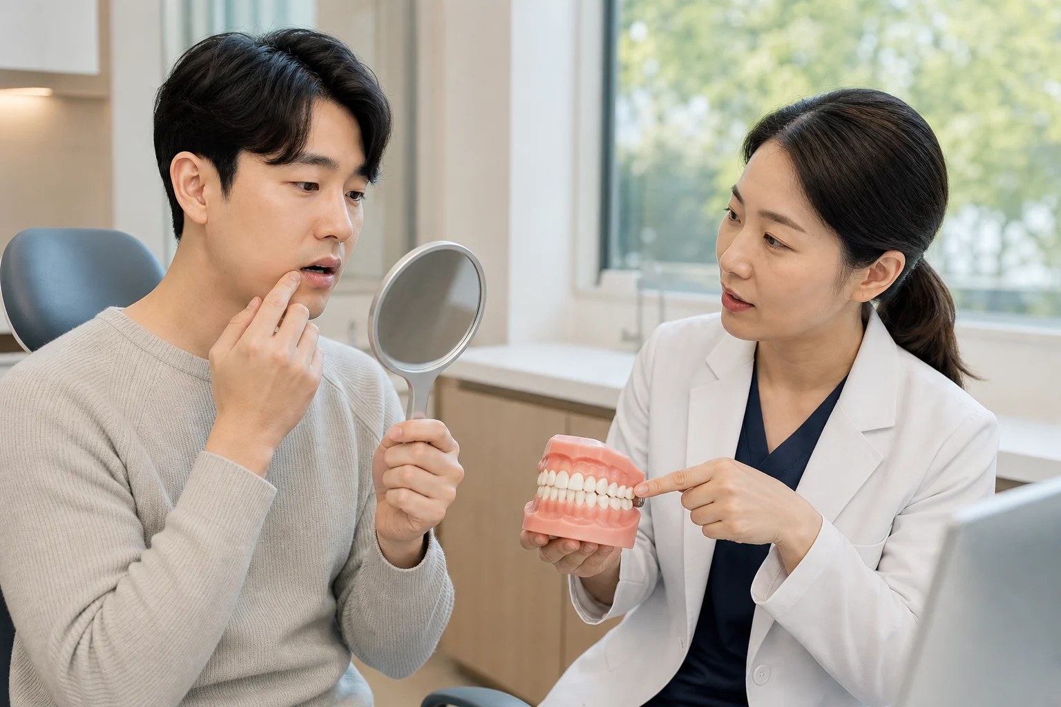 치과 상담실에서 치아 접촉 구조를 확인하는 장면