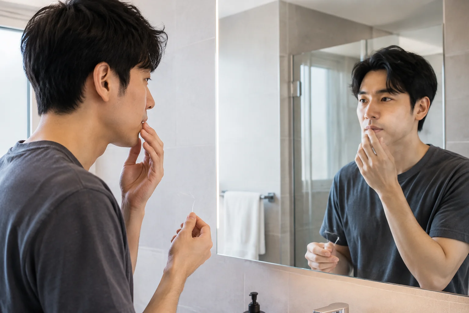 치실 사용 후 잇몸 상태를 확인하는 장면