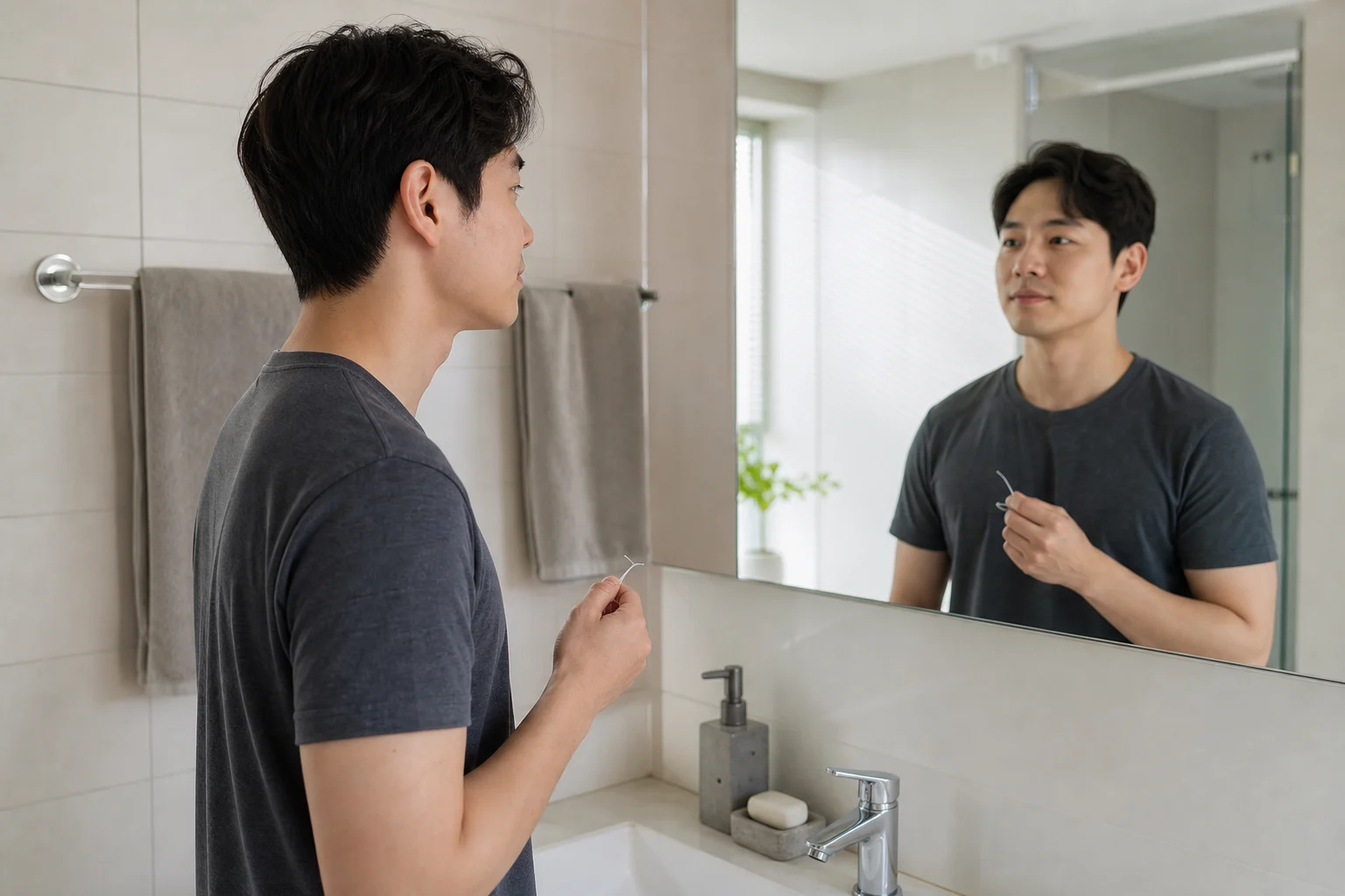 치실 사용 후 상태를 확인하는 장면