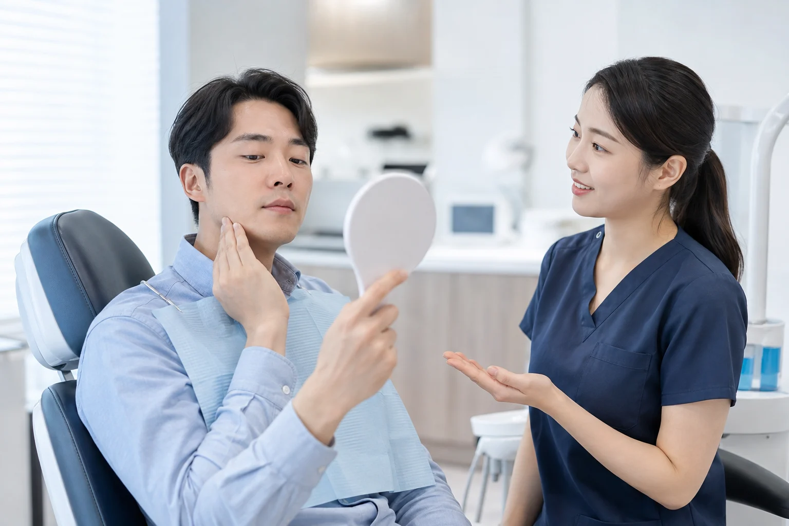 치과에서 잇몸 상태를 확인하는 검사 장면