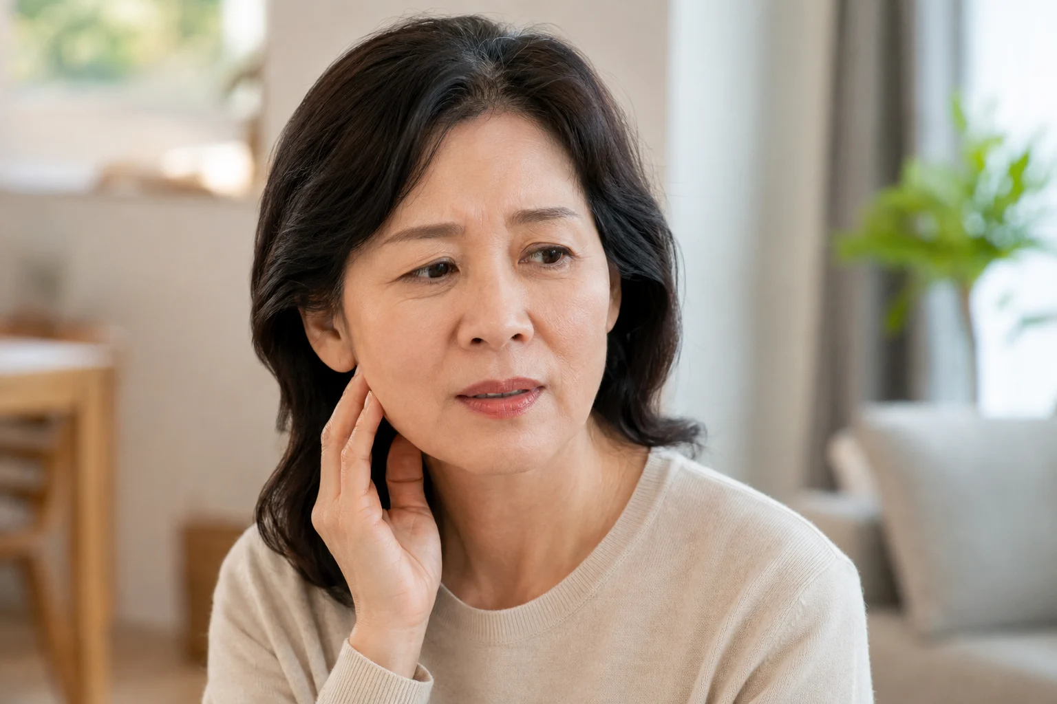 어금니 부위 불편을 느끼는 장면