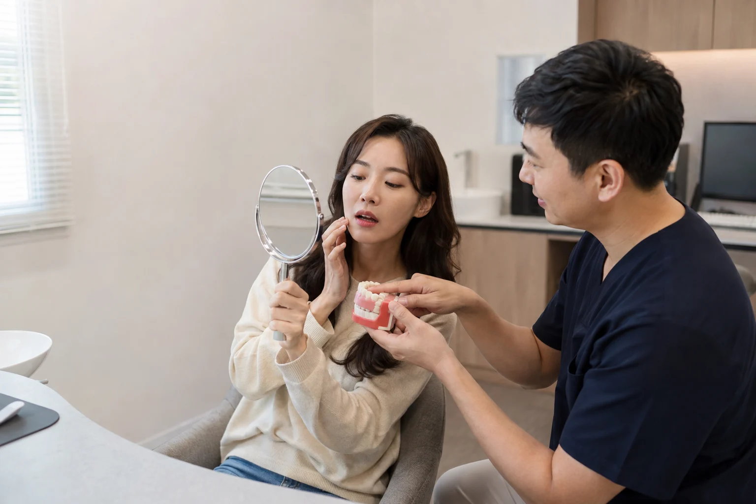 어금니 사이 접촉 구조를 설명하는 치과 상담 장면